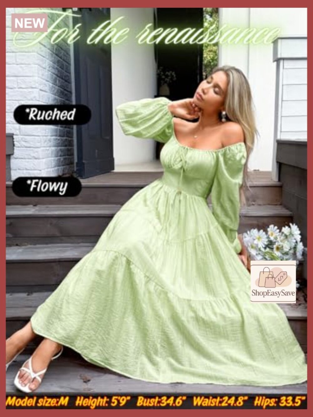 Tiered Maxi Dress Off Shoulder Smocked Flowy Boho Cottagecore Long Sleeve - Picture 5 of 7